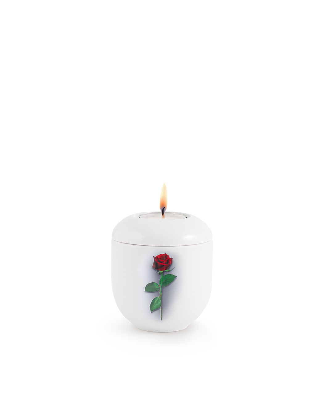 Gedenklicht für Verstorbene in Weiß mit einzelner roter Rose, Porzellan, brennende Kerze, für Mensch und Tier.