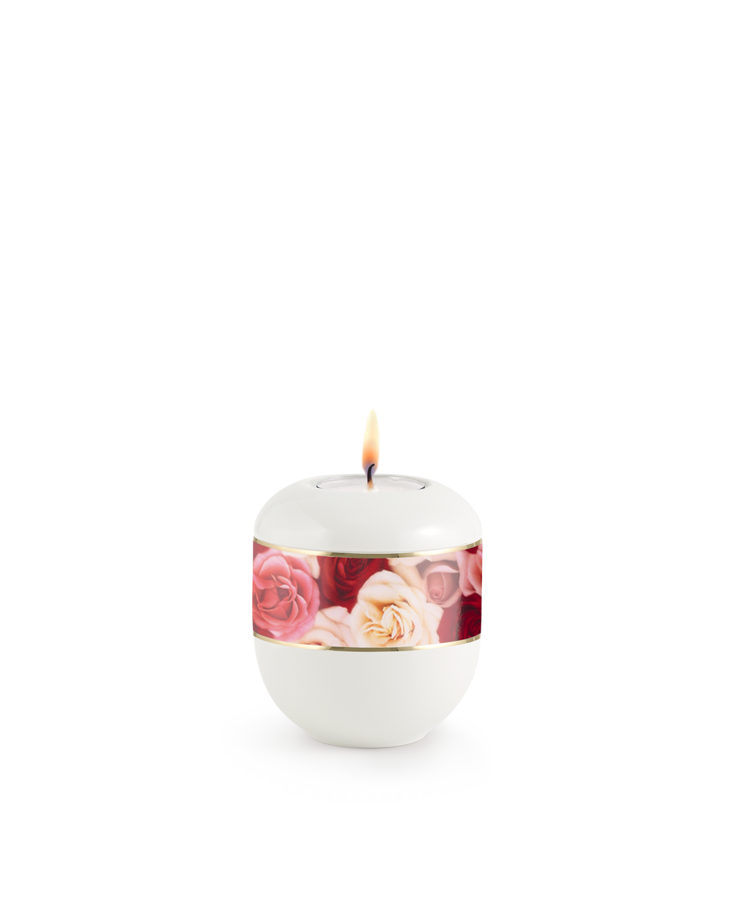 Gedenklicht für Verstorbene in Weiß mit mehrfarbigen Rosen, Porzellan, brennende Kerze, für Mensch und Tier.