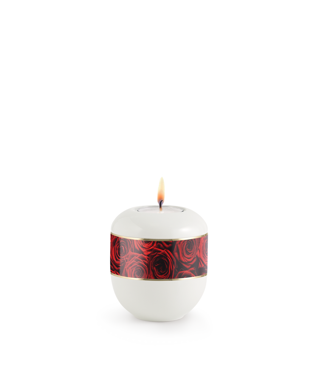 Gedenklicht für Verstorbene in Weiß mit Rosenbouquet, Porzellan, brennende Kerze, für Mensch und Tier.