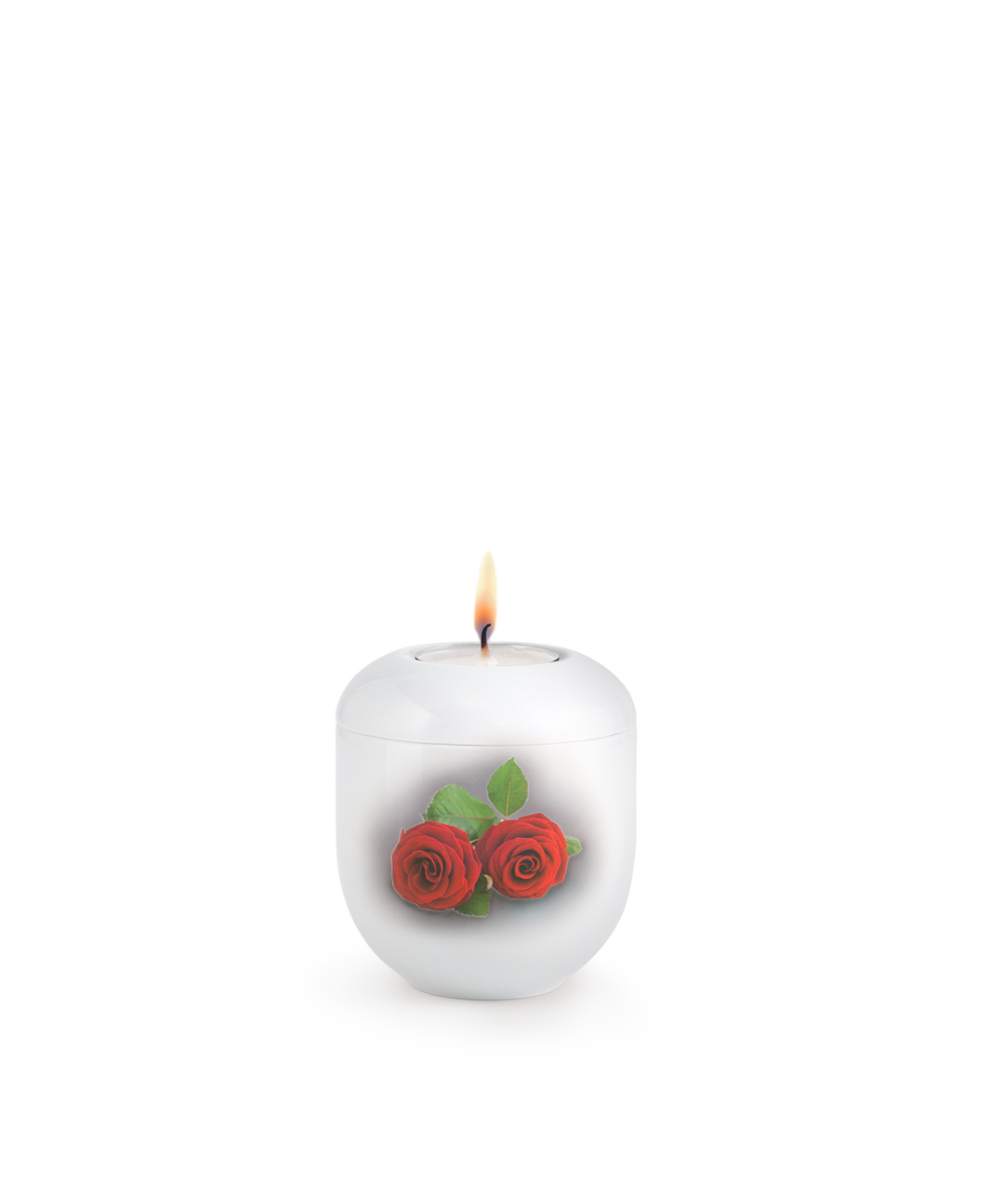 Gedenklicht für Verstorbene in Weiß mit Rosenpaar, Porzellan, brennende Kerze, für Mensch und Tier.