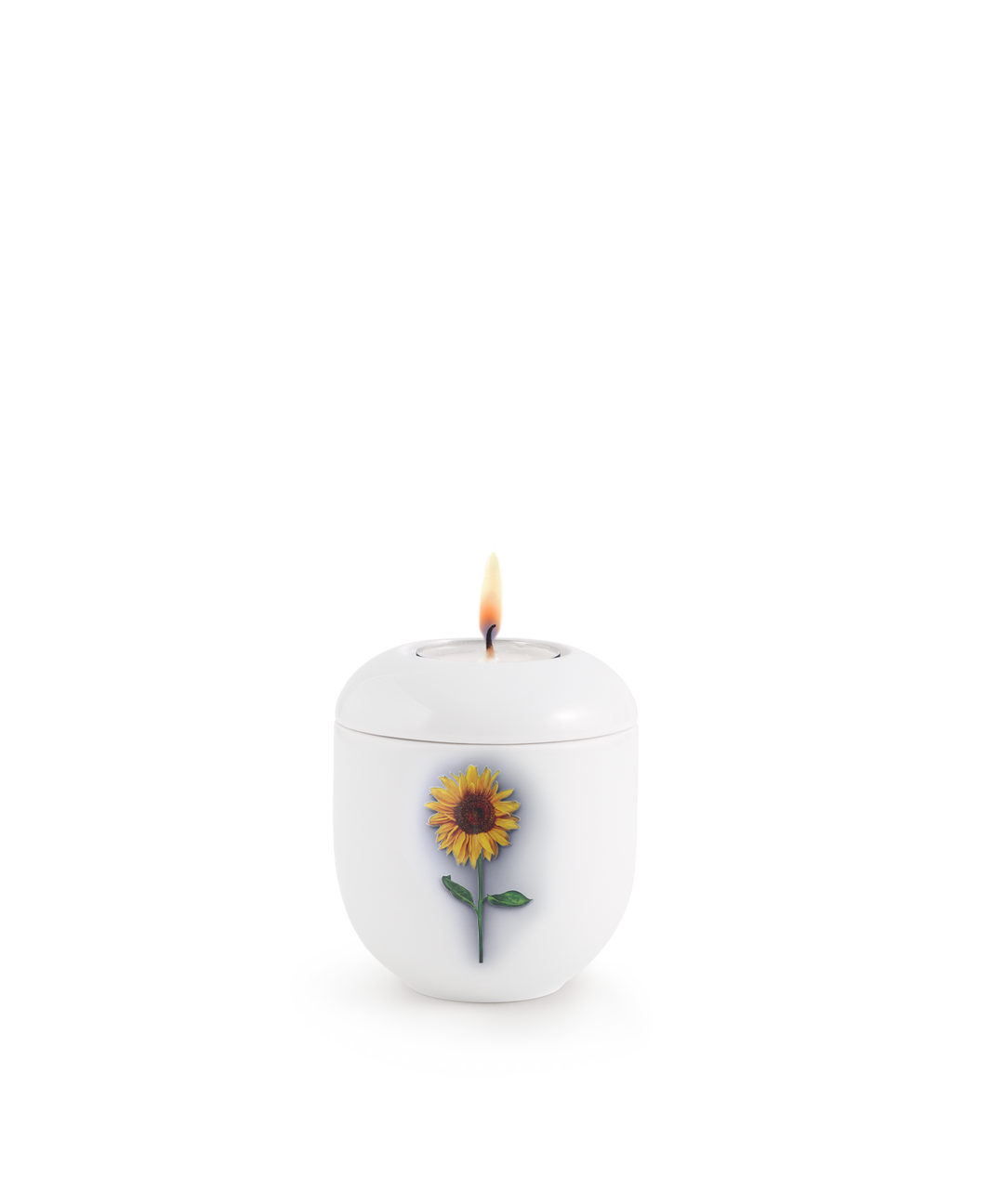 Gedenklicht für Verstorbene in Weiß mit Sonnenblume, Porzellan, brennende Kerze, für Mensch und Tier.