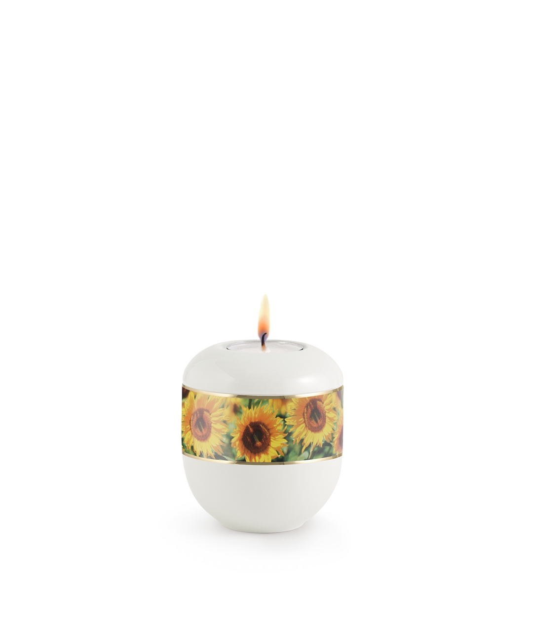 Gedenklicht für Verstorbene in Weiß mit Sonnenblumen, Porzellan, brennende Kerze, für Mensch und Tier.