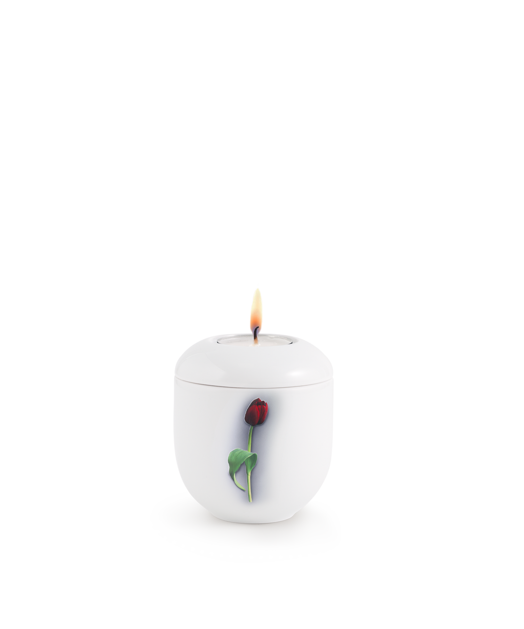 Gedenklicht für Verstorbene in Weiß mit roter Tulpe, Porzellan, brennende Kerze, für Mensch und Tier.