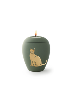 Tierurne - Keramik oliv Katze Gedenklicht 500ml